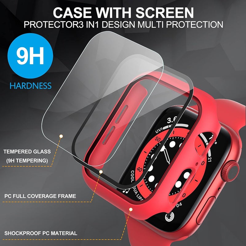 Diruite Apple Watch Series 7 45mm Case, 2-Pack Tempered Glass Screen Protector, Red - Image 3